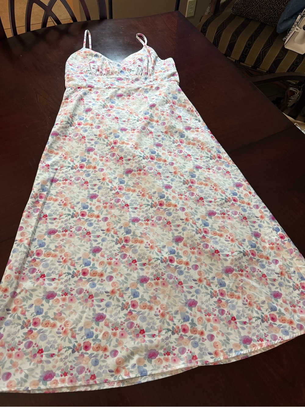 SHEIN White Floral Spaghetti Strap Midi Dress with Pink & Blue Flowers